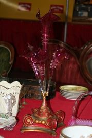 28" cranberry art glass 4 horn epergne with a polychromed wooden base