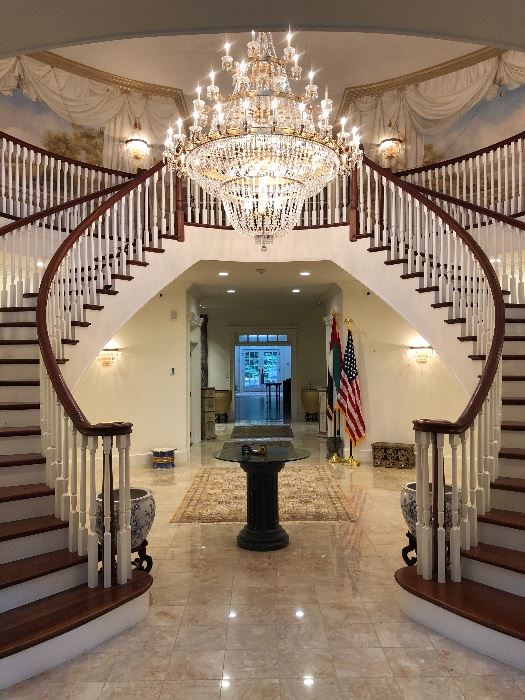 Gorgeous chandeliers hang through this majestic home.