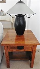 Mission style end table. Robert Abbey Lamp