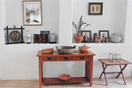 Mission style sofa table. Pottery and decorative from around the world.