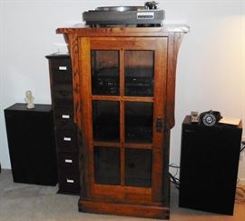 Mission style media cabinet. Boston Accoustics Speakers; Denon Receiver; Onkyo CD player. Marantz turntable-no cover or stylus-needs work