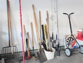 Garden tools. Fishing poles