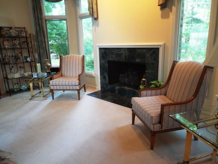 Pair of striped arm chairs & brass & glass end tables