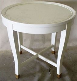MH Round White Table Brass Capped Feet, $145