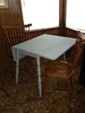 Antique drop leaf table painted light blue with 2 maple chairs