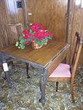 Antique drop leaf table with butcher block top includes 2 antique oak chairs