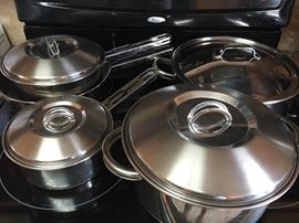 Large Collection of Stainless Steel
   Tramontina 
      Covered Pot (24cm)
      Skillet (24 cm 18/10)
      Basil Pot with Lid (18cm 18/10)
      Covered Pot with Lobg Handle
   Dansk
   Tools of the Trade 12"  (1.5 qt)