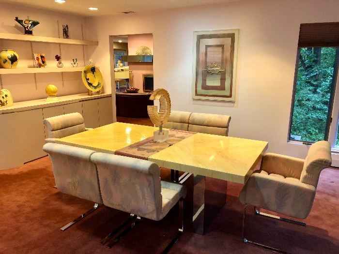 Thayer Coggin - Milo Baughman chrome base dining table & 6 chairs 