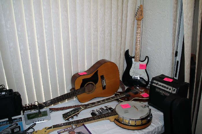 12 String Guitar, Two Electric Guitars, Goldtone Banjo