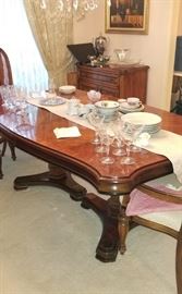 Burnhardt dining room table with 10 chairs (2 arm, 8 side) with 3 extra leaves and custom table cover