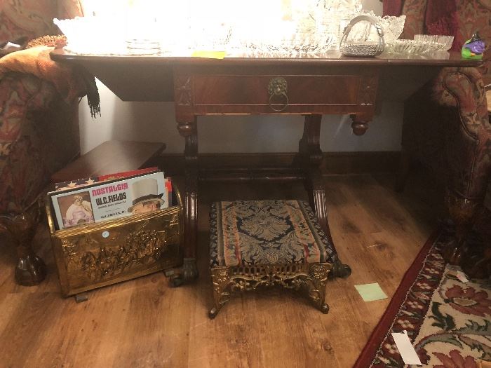 antique drop leaf table, foot stool, magazine rack