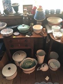 mixing bowls, enamelware pots, 