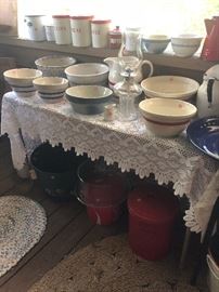 mixing bowls, canister set, pitchers, buckets, oil lamp