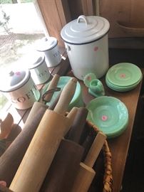 rolling pin collection, canisters, jadeite dishes
