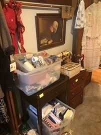 sewing machine and cabinet, totes of fabric and sewing notions