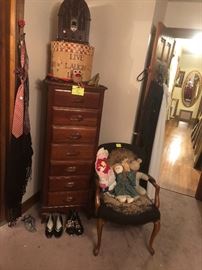 antique lingerie chest, vintage style radio, antique parlor chair