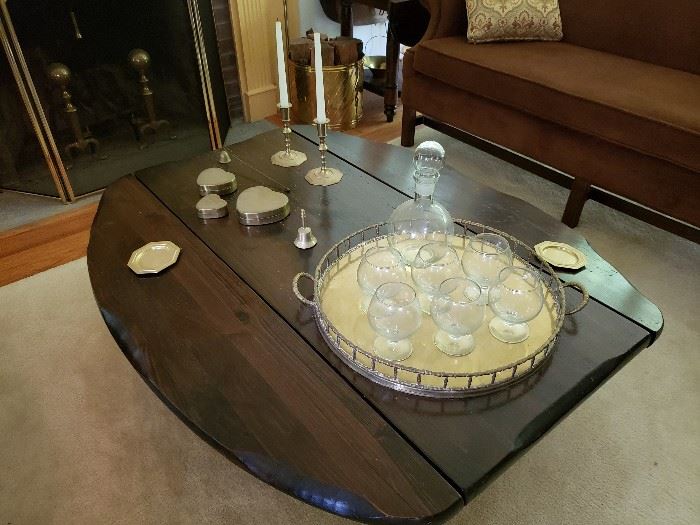 Dark Pine Coffee Table with Brass tray and Crystal decanter w/ glass set. 