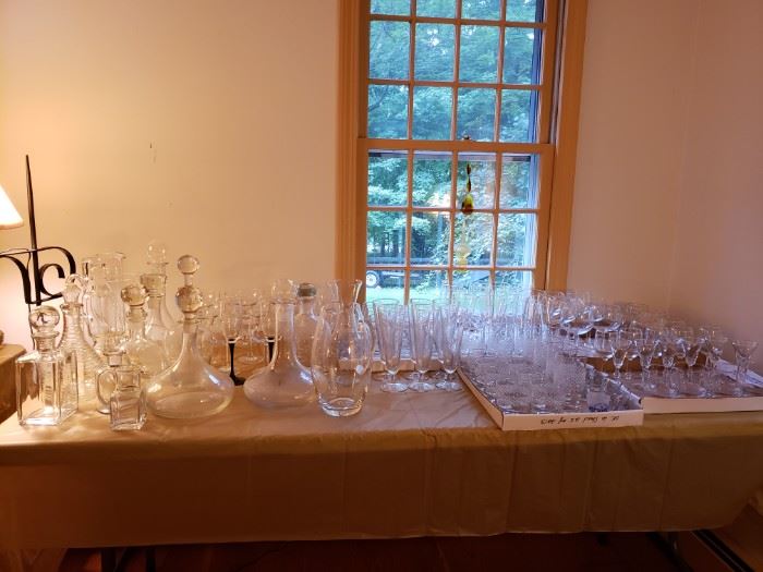 Wine decanters, wine glasses,  margarita glasses, water glasses and shot glasses.