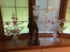 Magnificent Murano 1950's Art Glass Epergne Lamps with Aventurine
