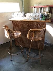 Vintage Wicker Tiki Bar and Barstools