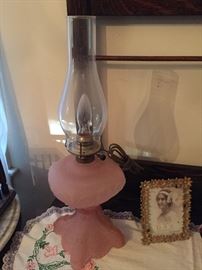 Frosted Pink Glass Oil Lamp