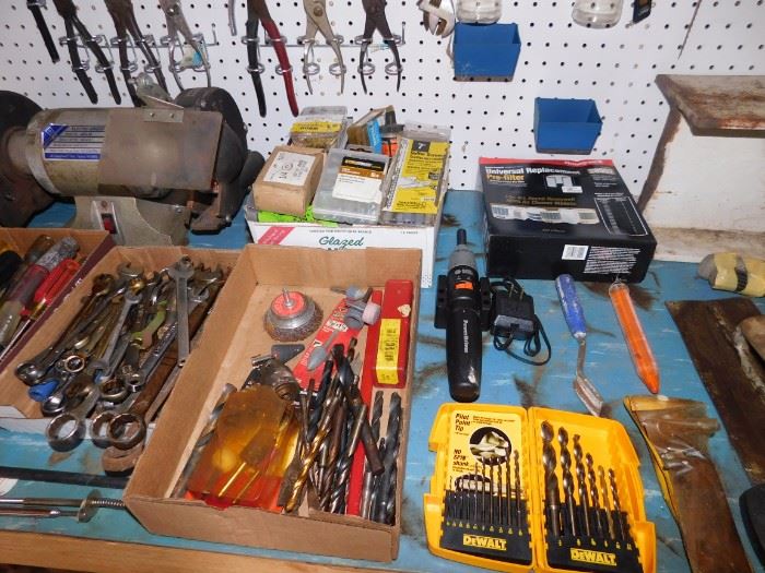 Bench Grinder, Drill Bits, Wrenches