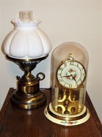 VINTAGE MILK GLASS & BRASS LAMP, VINTAGE "GERMANY" ANNIVERSARY CLOCK