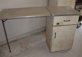 VINTAGE METAL CABINET WITH DROP LEAF SIDE TABLE - MELMAC TOP. NEEDS SOME TLC, GREAT PROJECT PIECE!