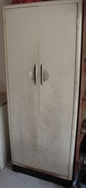 VINTAGE DOUBLE DOOR METAL CABINET - NEEDS SOME TLC/ FRESH PAINT!