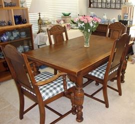 1920's -  PHENOMENAL DRAWLEAF REFECTORY TABLE WITH 6 BEAUTIFULLY CARVED CHAIRS (SEE NEXT PHOTO)