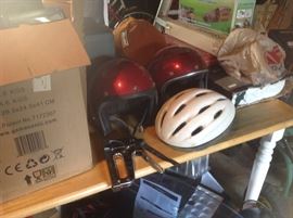 Vintage motorcycle helmets, bike parts
