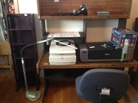 Computer desk, lamp, shelves, chair, color printer w/extra ink