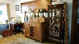 Sideboard, curio cabinet, table lamps