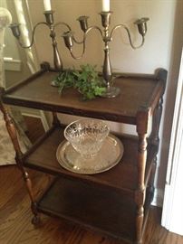 Three-tier cart; pair of candlelabras