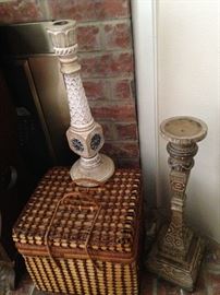 Another decorative basket; large candle holders
