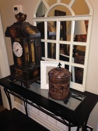 Glass top table, multi pane mirror, and other decor