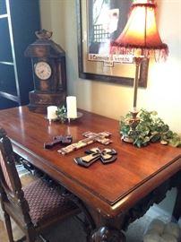 Fine-looking desk and chair; crosses (lamp not  for sale); decorative faux clock