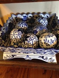 Blue & white balls and square bowl
