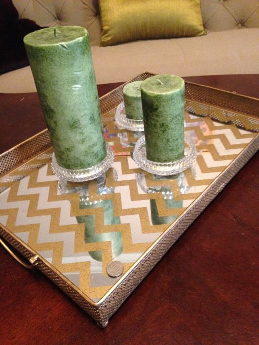 Chevron mirrored tray; set of 3 candles