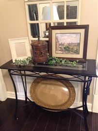 Glass top table and lovely accessories; multi pane mirror