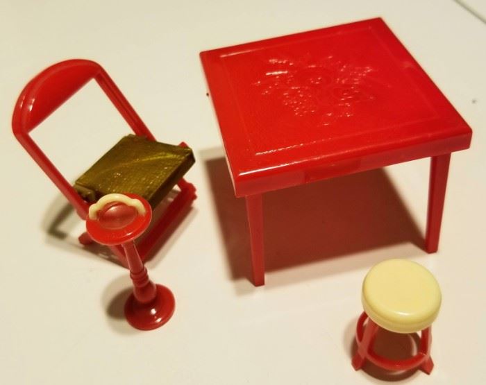 Vintage Dollhouse Furniture Made in the USA - Card Table, Folding Chair, Ash Tray and Stool
