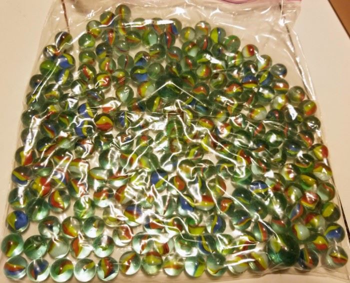 Green Glass Multi-Color Cat Eye Marbles with 2 Boulders.