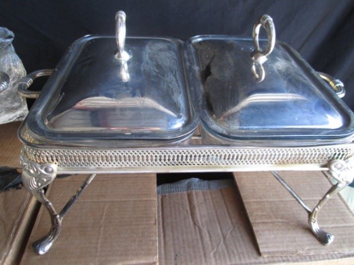 Silver plate and glassware vintage fancy heating tray for buffet style serving