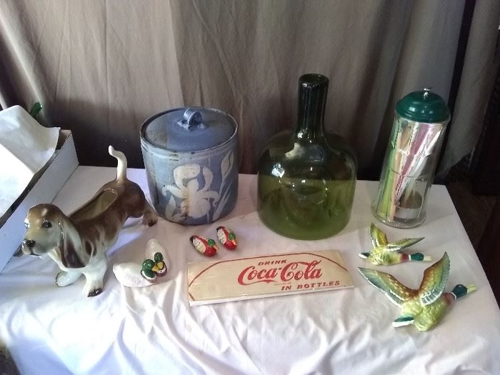Vintage items: Ceramic Basset Hound Dog Planter, Mallard duck wall decor, Mallard duck S&P sets, handblown glass vase, soda straw holder, pottery