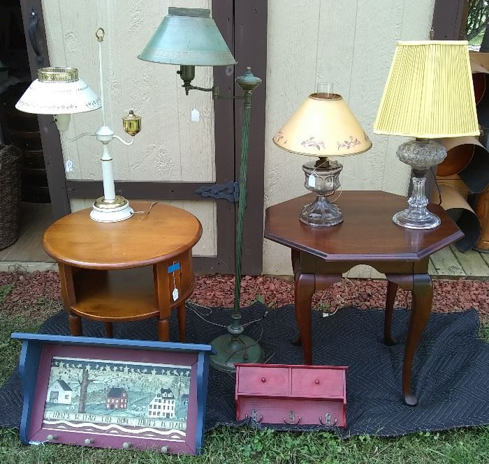 Vintage tables, primitive shelves, toleware lamps, antique converted oil lamps