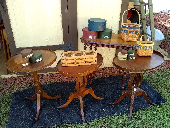 Vintage tables, primitive baskets and nesting boxes