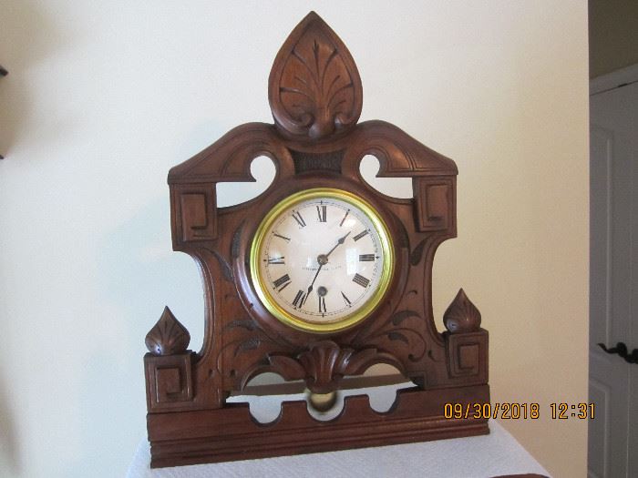 Very unique antique shelf clock. Beautiful! Inspected and cleaned by professional clock smith.