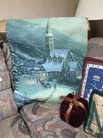 One of 2 Kinkade tapestries with hanging hardware