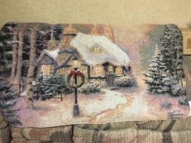 One of 2 Kinkade tapestries with hanging hardware