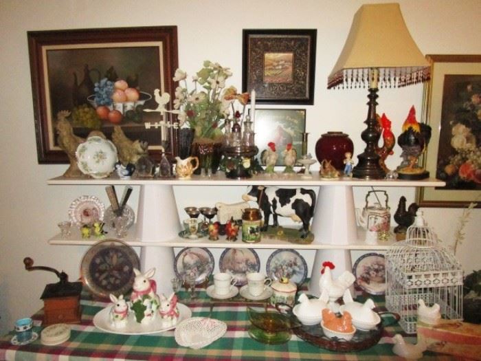 Decorative chicken collectibles, glassware, coffee grinder, painting/prints, lamps, decorative plates, etc.